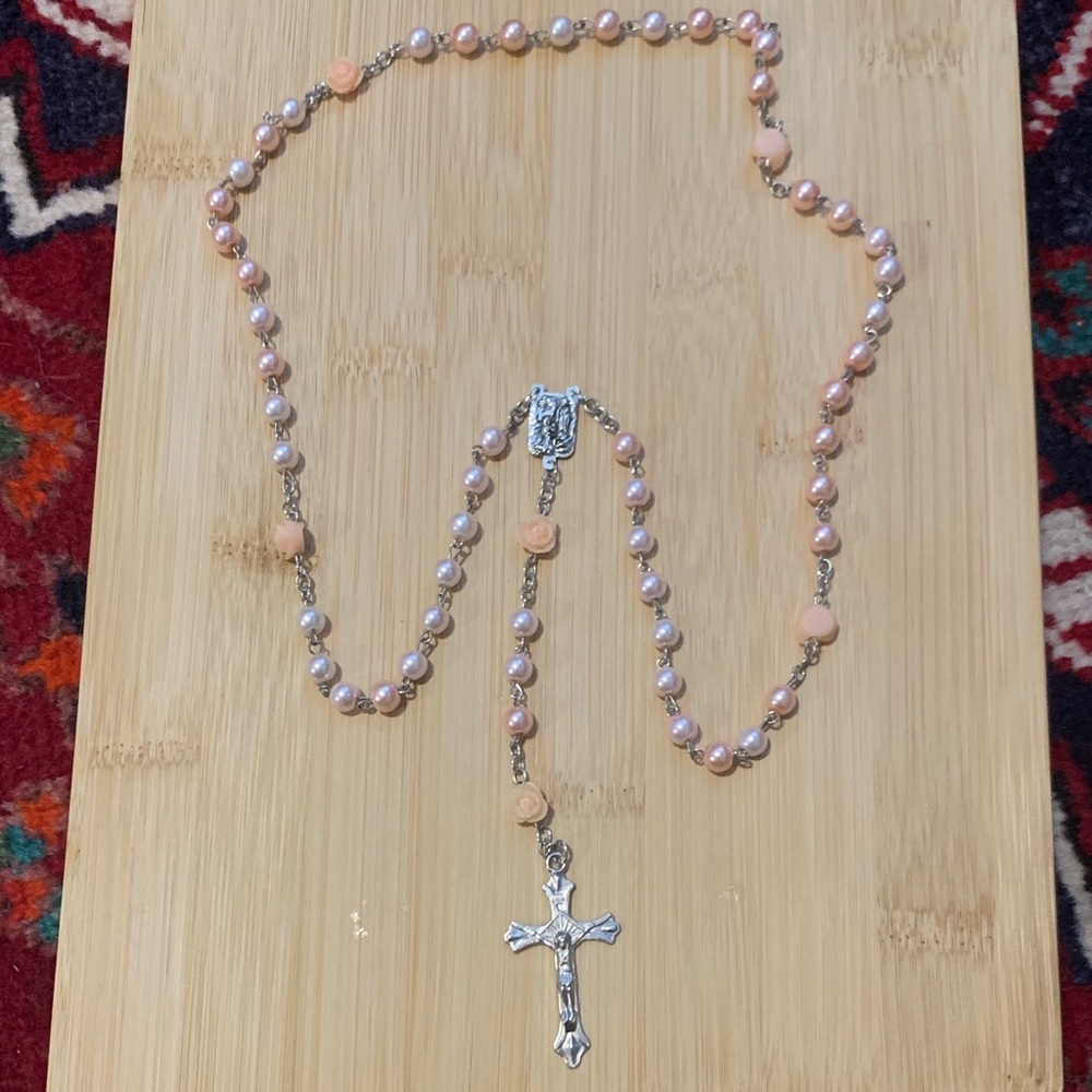 Elegant Pink Pearl Rosary Necklace